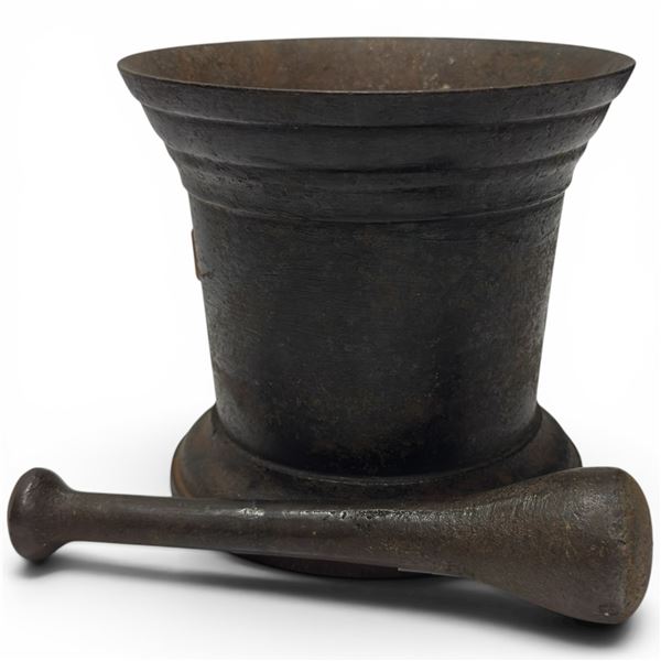 Heavy Antique Large Cast Iron Mortar & Pestle Set Circa 1900 ' Tall W 7" Diameter