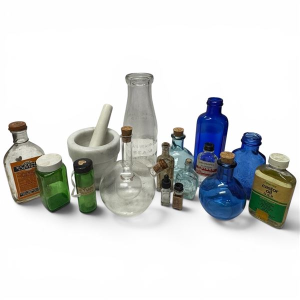 Collection of Antique & Vintage Apothecary Medicine Bottles & Pharmacy Equipment