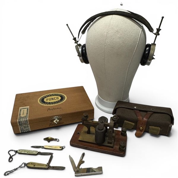 Rare Canadian Early Radio & Telegraph Collection with Pocket Knives & Cigar Box - 9 Pieces