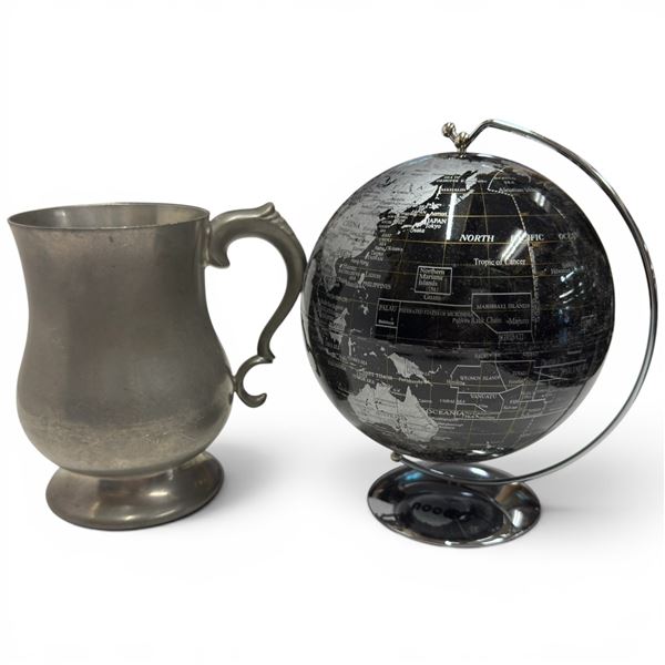 Pewter Mug and 7" Tall Black and Silver Colour World Globe