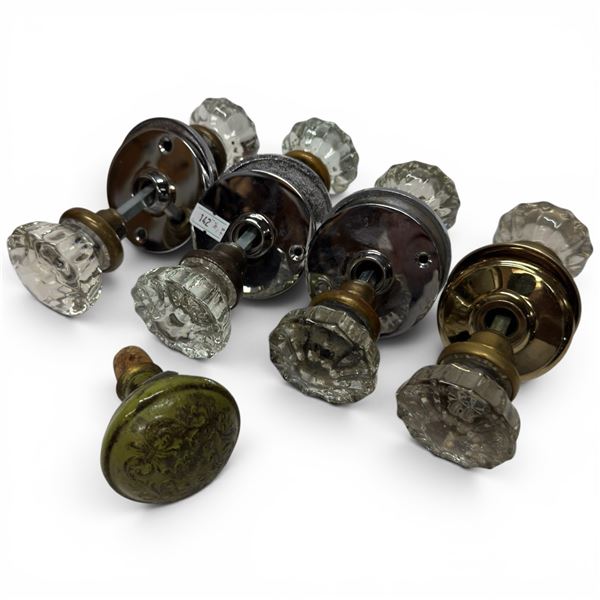 Collection of Vintage Door Knobs Victorian Glass, Brass & Rare Green-Painted Brass Knob