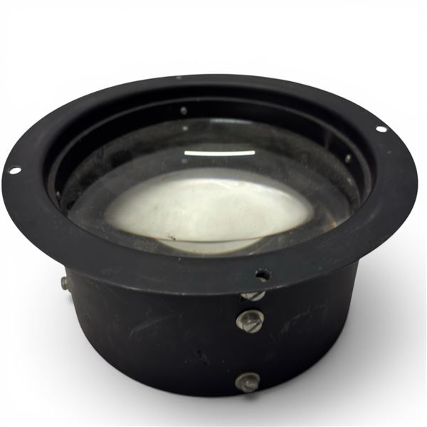 Vintage Large-Format Magnifying Convex Optical Lens in Black Metal Flanged Housing, C. Mid 20th