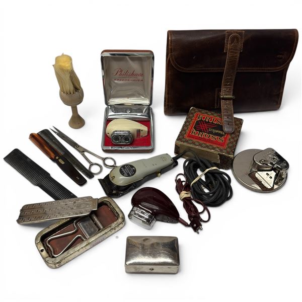 Large Lot of Vintage & Antique Men's Grooming Items: Combs, Scissors, Brush, Razor Sharpener & More