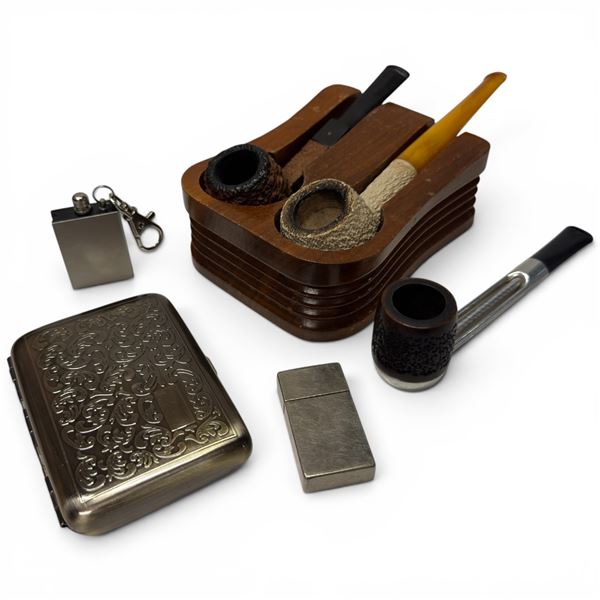Tobacciana Collection: Falcon, Salvinelli 511 & Meerschaum Pipes. Plus Pipe Rest, Match Box & More