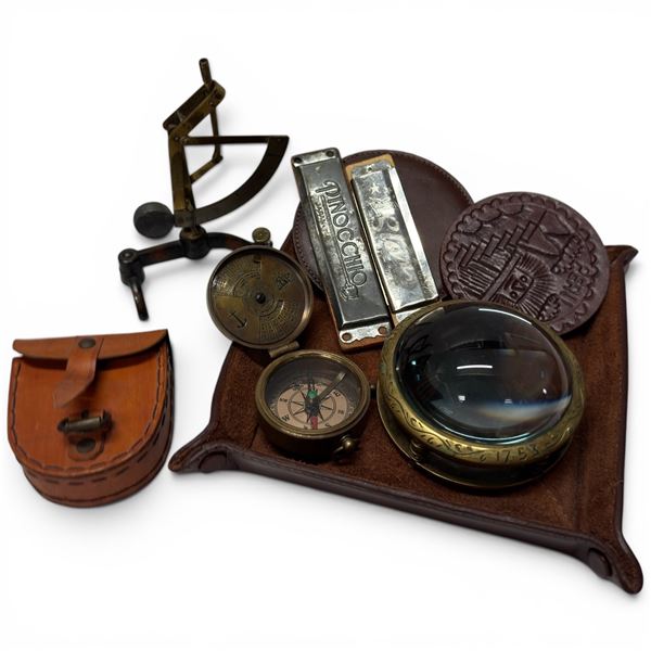 Vintage Gentlemen's Lot: Harmonicas, Magnifier, Compass, Scale, Leather Catchall and Coasters
