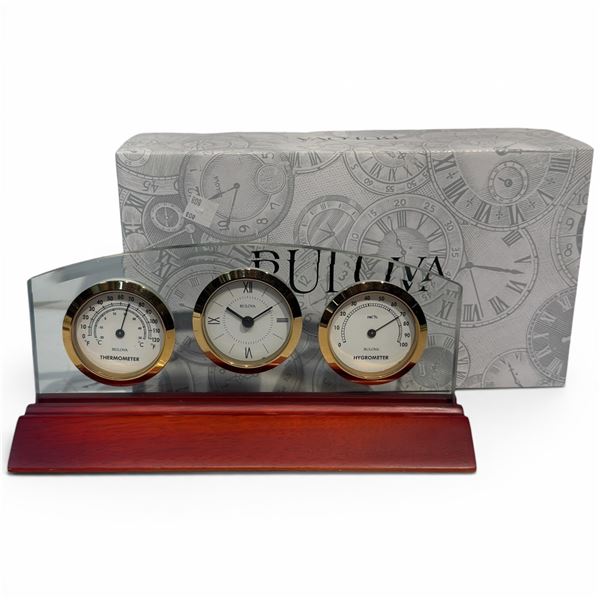 Bulova B2835 Mantle Clock Thermometer Hygrometer Wood Base Glass Mounting Brass Accents 10" Across
