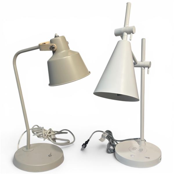 Two Modern Desk Lamps White & Cream Adjustable Arms One with Built-in Phone Charger