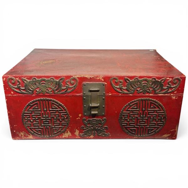 Vintage Red Cabin Chinese Trunk Painted Wood with Metal Hardware
