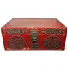 Image 1 : Vintage Red Cabin Chinese Trunk Painted Wood with Metal Hardware