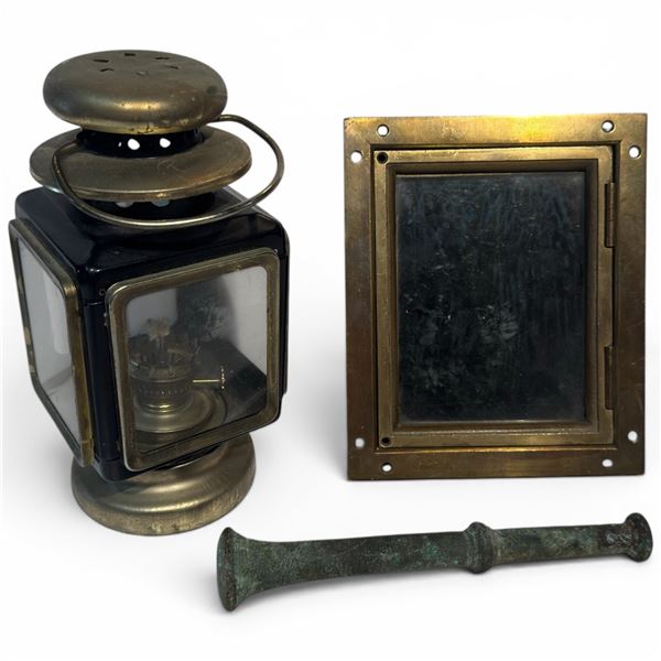 Brass Curios; Pestle 7.5", Small Kerosene Carriage Lantern &Industrial Brass Picture Frame