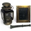 Image 1 : Brass Curios; Pestle 7.5", Small Kerosene Carriage Lantern &Industrial Brass Picture Frame