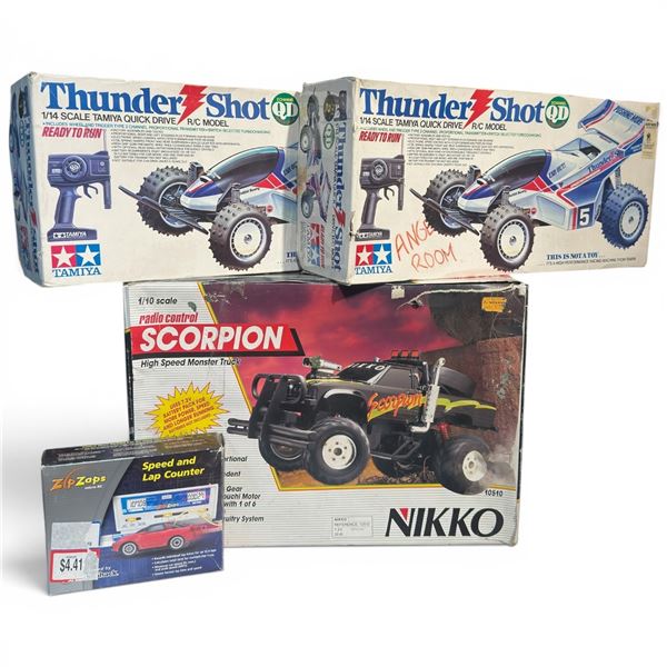 Collection of Vintage RC Cars Nikko Scorpion, 2X Tamiya Thunder Shot & Zip Zap Lap Counter