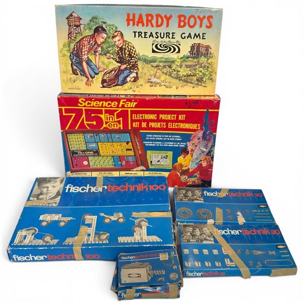 75-in-1 Electronic Kit, 4x Vintage 1960's Fischer Technik Kits and Hardy Boys Treasure Board Game