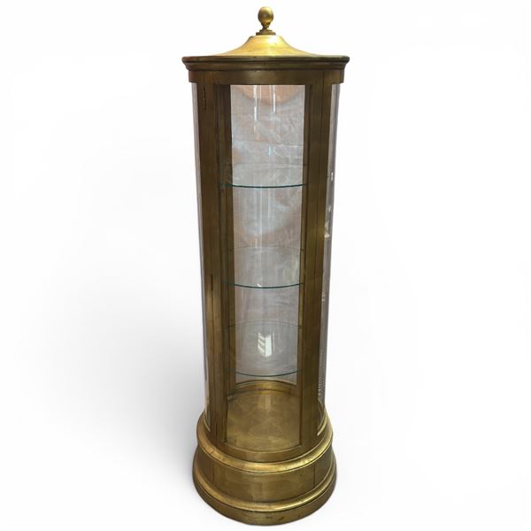 Hollywood Regency Style Gold Gilt 3 Shelf Glass Curio Cabinet with Lighting 68" Tall 23'5" IN Dia