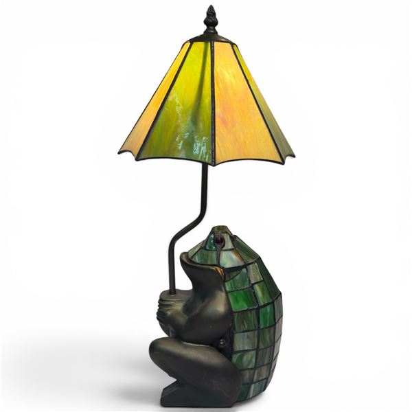 Whimsical Stained Glass Frog Lamp (bulb in base and under shade)  - 9" x 7" x 20" tall