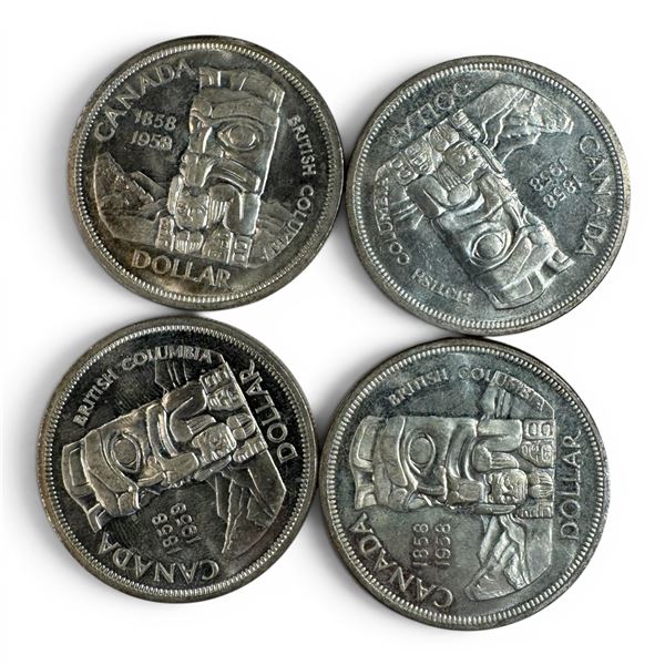 4 x 1958 Canadian Silver Dollars - 80% Silver BC Centennial "Death Dollars" - Circulated -  One coin