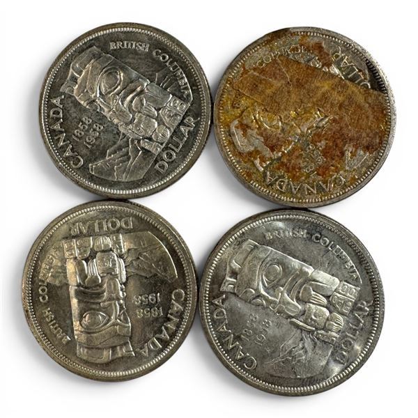4 x 1958 Canadian Silver Dollars - 80% Silver BC Centennial "Death Dollars" - Circulated -  One coin