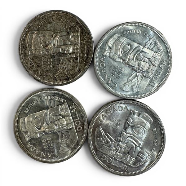 4 x 1958 Canadian Silver Dollars - 80% Silver BC Centennial "Death Dollars" - Circulated -  One coin
