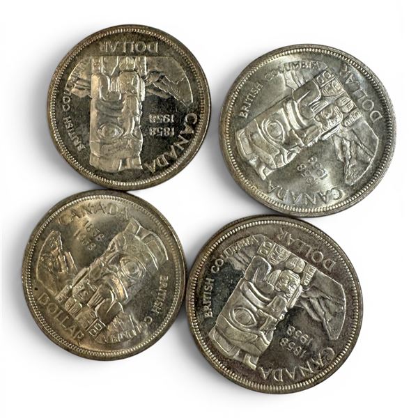 4 x 1958 Canadian Silver Dollars - 80% Silver BC Centennial "Death Dollars" - Circulated -  One coin