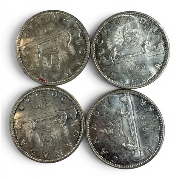4 x 1966 Canadian Silver Dollars - 80% Silver Voyageur Dollars - Circulated