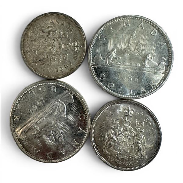 Group of 4 Canadian 80% Silver Coins  (2 x 1966 Silver Dollars, 1 x 1965 Fifty Cent & 1 x 1966 Fifty