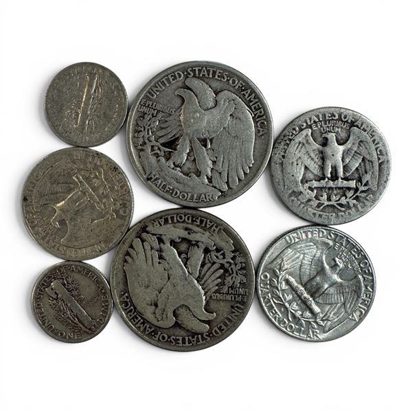 Group of 8 US 90% Silver Coins - 2 Half Dollars (1942, 1943,) 3 Quarters (1939, 47, & 64) & 2 Dimes 