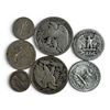 Image 1 : Group of 8 US 90% Silver Coins - 2 Half Dollars (1942, 1943,) 3 Quarters (1939, 47, & 64) & 2 Dimes