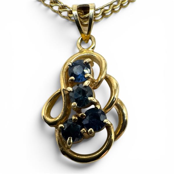 14K Gold 1 CTW Sapphire Pendant Necklace (11 x 18mm pendant with 4 round cut sapphires on a 18" chai