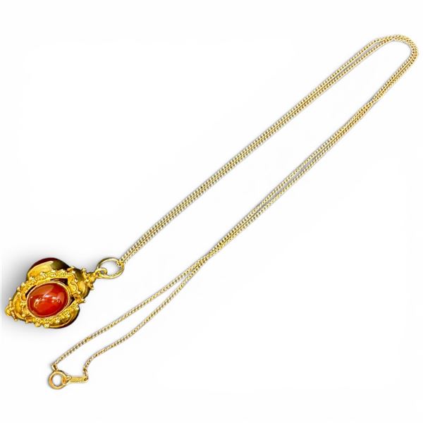 10K Gold and Carnelian Etruscan Revival Pendant Necklace - 24" Chain with 1.25" x 1.25" diameter pen
