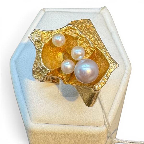 1970s 14K & Pearl Bjorn Weckstrom Lapponia, Finland Brutalist Ring - Stamped 585 Lapponia - Size 5.5