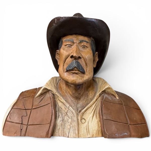 Wood Carved Cowboy Bust 14x15x10" Artist Signed