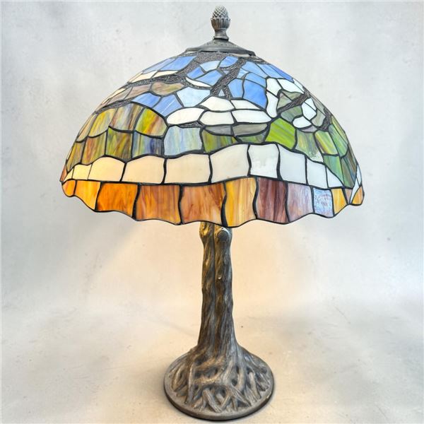 Gorgeous Tiffany Style Table Lamp with Sculpted Tree Trunk Style Base 28" Tall