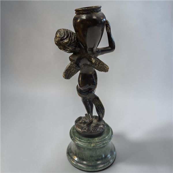 Edouard Drouot Bronze Cherub with Urn on Green Marble Base