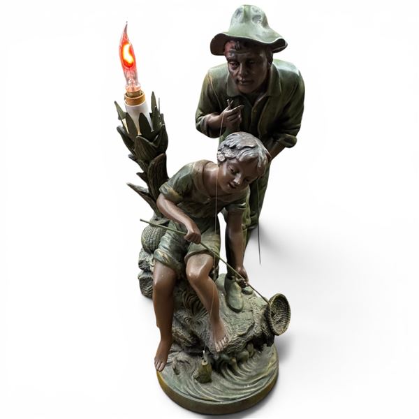Art Noveau Style Baroness Design 20th Century Table Lamp Spelter Material Father Son Fishing 17"