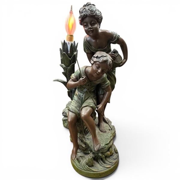 Art Nouveau Style Figural Baroness Design 20th Century Spelter Table Lamp Boy & Girl Fishing 17"