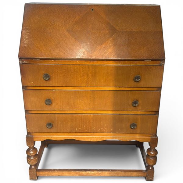 Vintage Secretary Style Wood Bureau Writing Desk with Slanted Drop Front