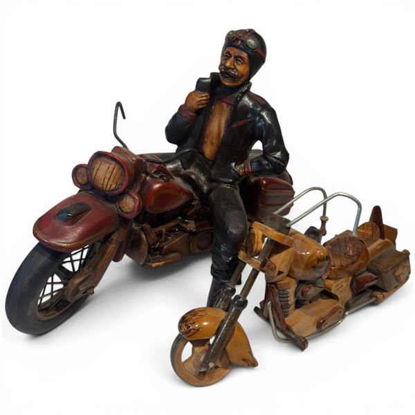 Two Motorcycle Figurines: Painted Rider and Hand-Carved Wooden Sculpture Largest is 14" Tall