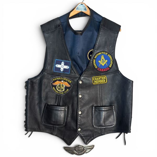 Harely Davidson Freemason Motorcycle Club Leather Vest, Masonic Apron and 100 Year Belt Buckle