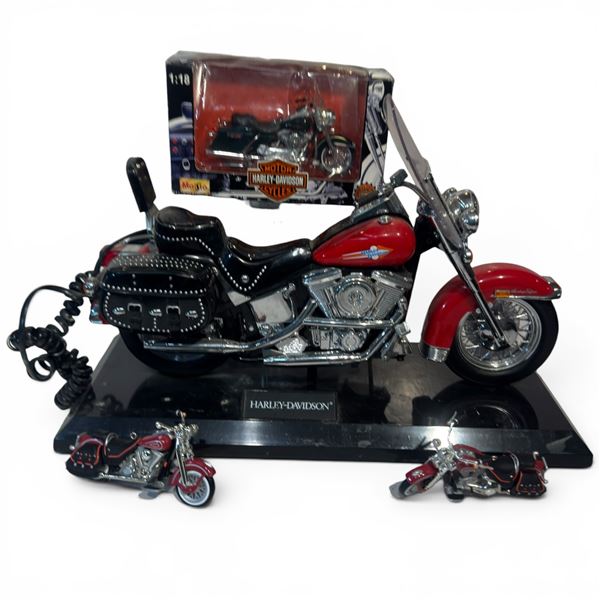 Vintage Harley Davidson Phone, Maisto Diecast 1/18 Scale and 2 Motorcycle Ornaments