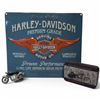 Image 1 : Harley Davidson Reproduction Metal Sign 15x13", Motorcycle Clock and Harley Davidson Playing Cards