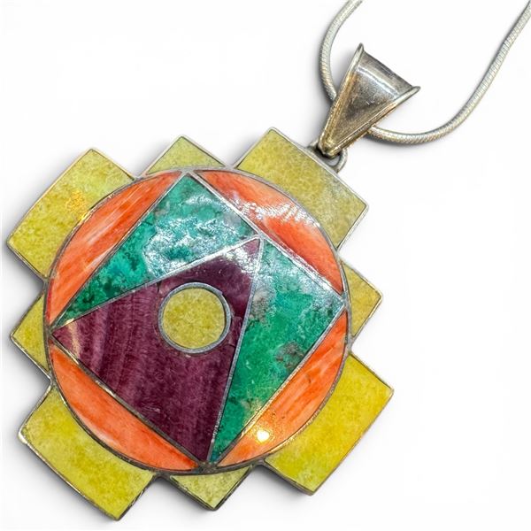 Enameled .950 Silver Pendant on 22" Sterling Silver  Chain (Pendant is 45 x 45mm) - Total Weight: 21