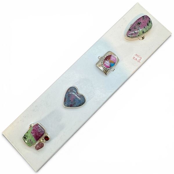4 New Rings * all stamped .925 * (Green & Ruby Zozite and Pink Oyster Turquoise) Longest ring  is 33