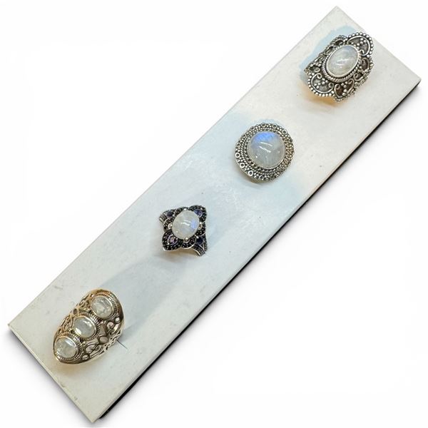4 New Rings * all stamped .925 * (Moonstones with Coloured and Clear Quartz Crystals) Longest ring