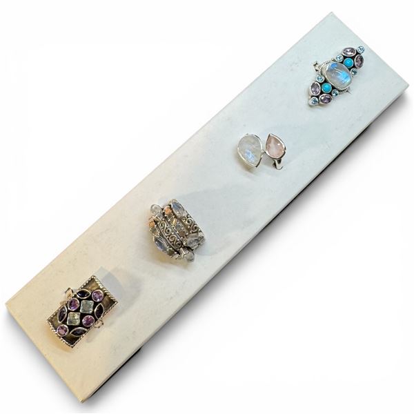 4 New Rings * all stamped .925 * (Amethyst, Rose Quartz, Moonstone and Blue Topaz Crystal) Longest r