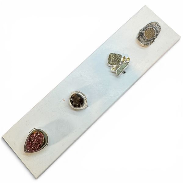 4 New Rings * all stamped .925 * (Purple Druzy, Green Druzy, and Faceted Citrine Crystal) Longest ri