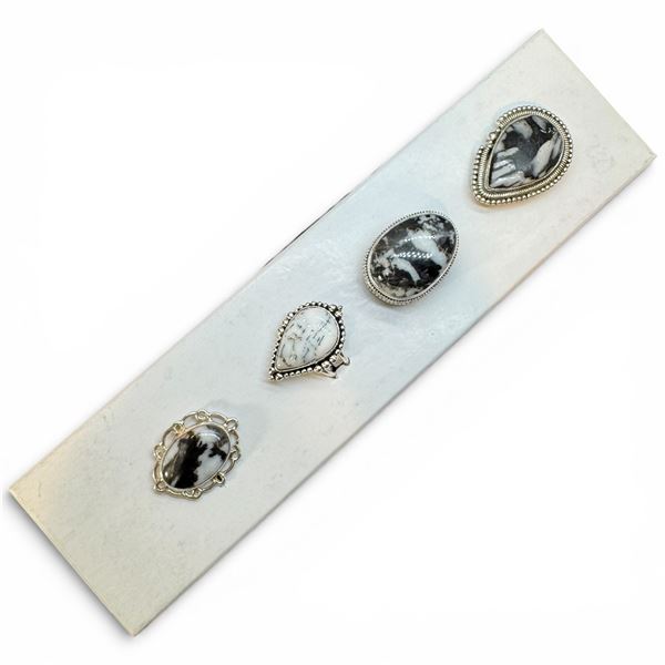 4 New Rings * all stamped .925 * (White Buffalo Turquoise - Variety of Shapes) Longest ring  is 35 m
