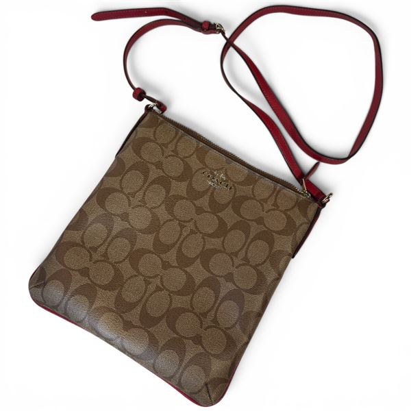 Coach Logo Cross Body PVC Leather Bag with Contrasting Red Strap & Red Interior (1.5" x 8" x 9" tall