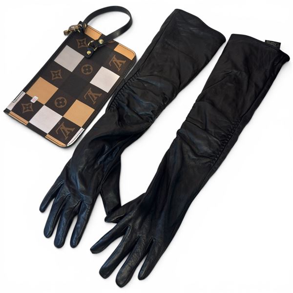 Black Leather Lined Opera Length Gloves by Le Chateau (XS) & Wristlet Purse with Vuitton Logo - Preo