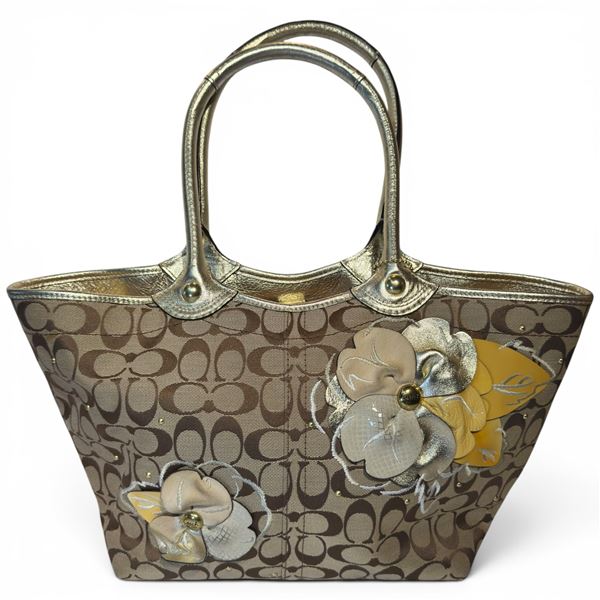 Vintage Coach Bleeker Signature Floral Appliqué Tote - 4" x 10.5" x 10" tall (measured without strap