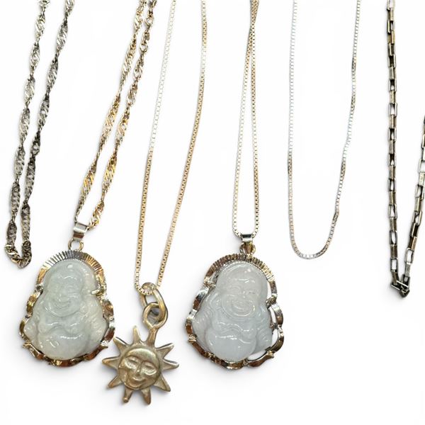 5 Sterling Silver Chains, 1 Bracelet & 1 Sun Pendant,& 2 Agate Buddha Pendants - Total weight: 17.2